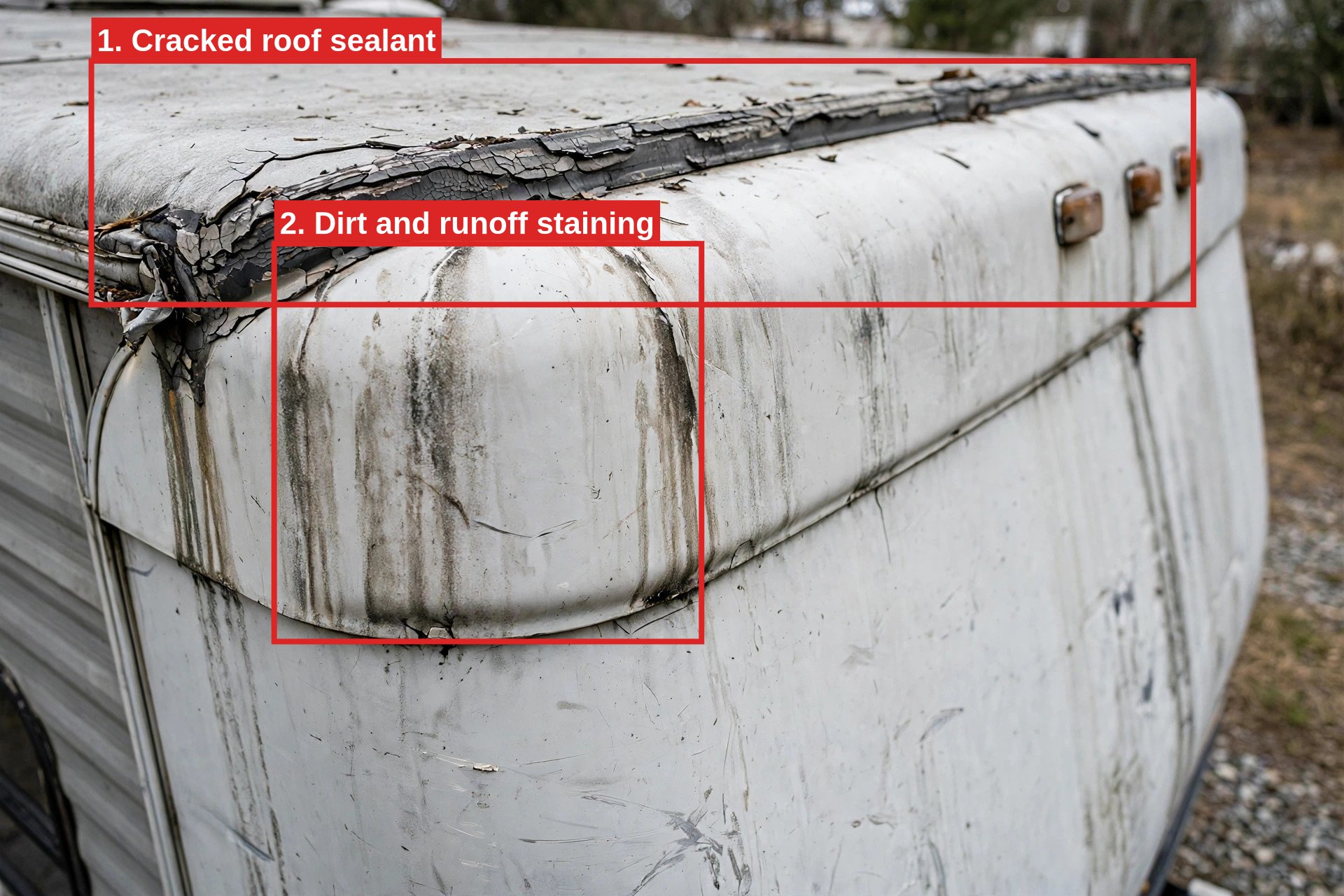 Annotated roof seam: cracked sealant, runoff staining